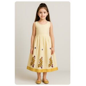 Girls Sleeveless Linen Dress Vtg Gold Trim Lined  Embroidered Peacocks Sz 8/10